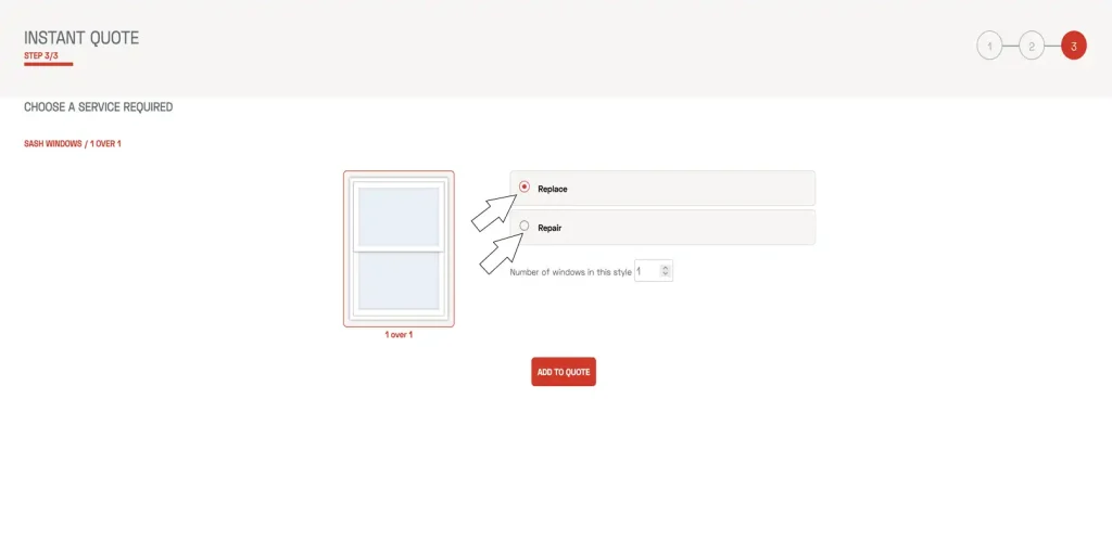 the stage in the online estimate tool where the user selects a service