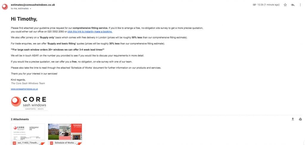 example of an automated email sent from the estimate tool