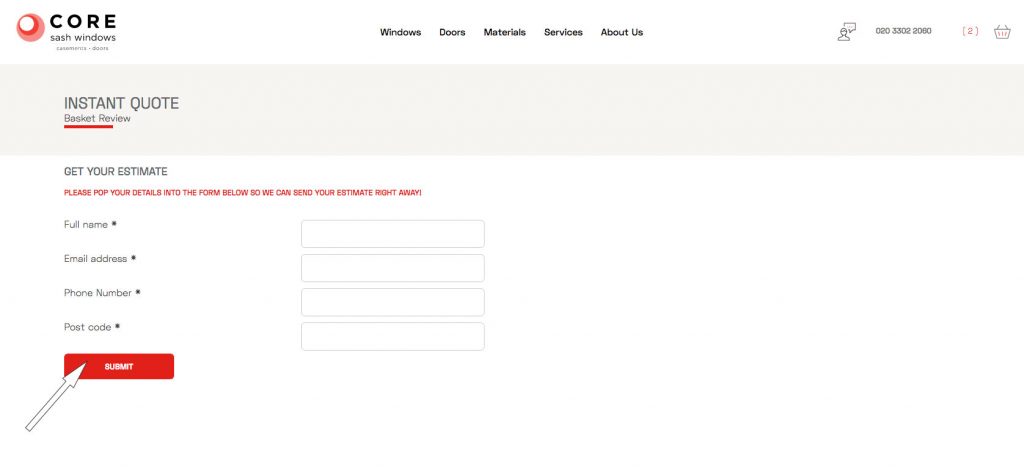 the stage in the online estimate tool where the user can enter their details