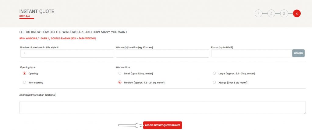 the stage in the online estimate tool where the user can enter the quantity and sizes of the windows